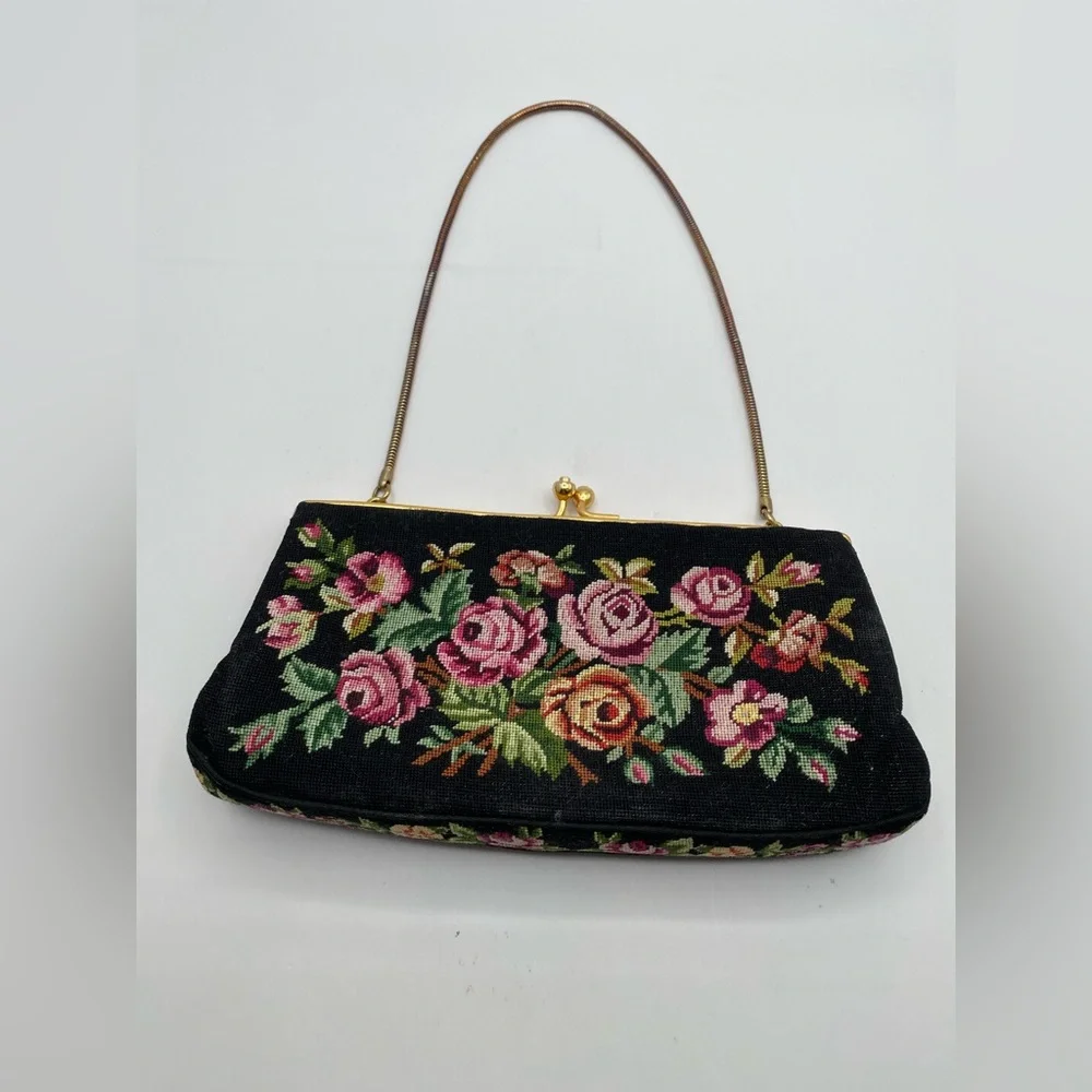 Floral Needlepoint Evening Clutch in Black with Pink Roses Vintage